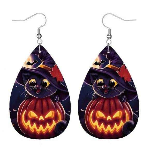 Halloween Earrings Dangle Black Cat Jack O Lantern Pumpkin Party Costume Fun New - Picture 2 of 3